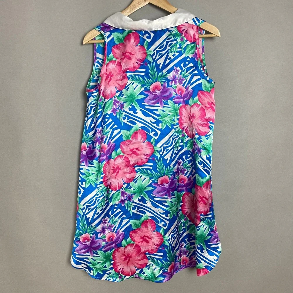 Vintage‎ Floral Blouse Satin Tropical Button-Up Sleeveless Size Small Blue Pink